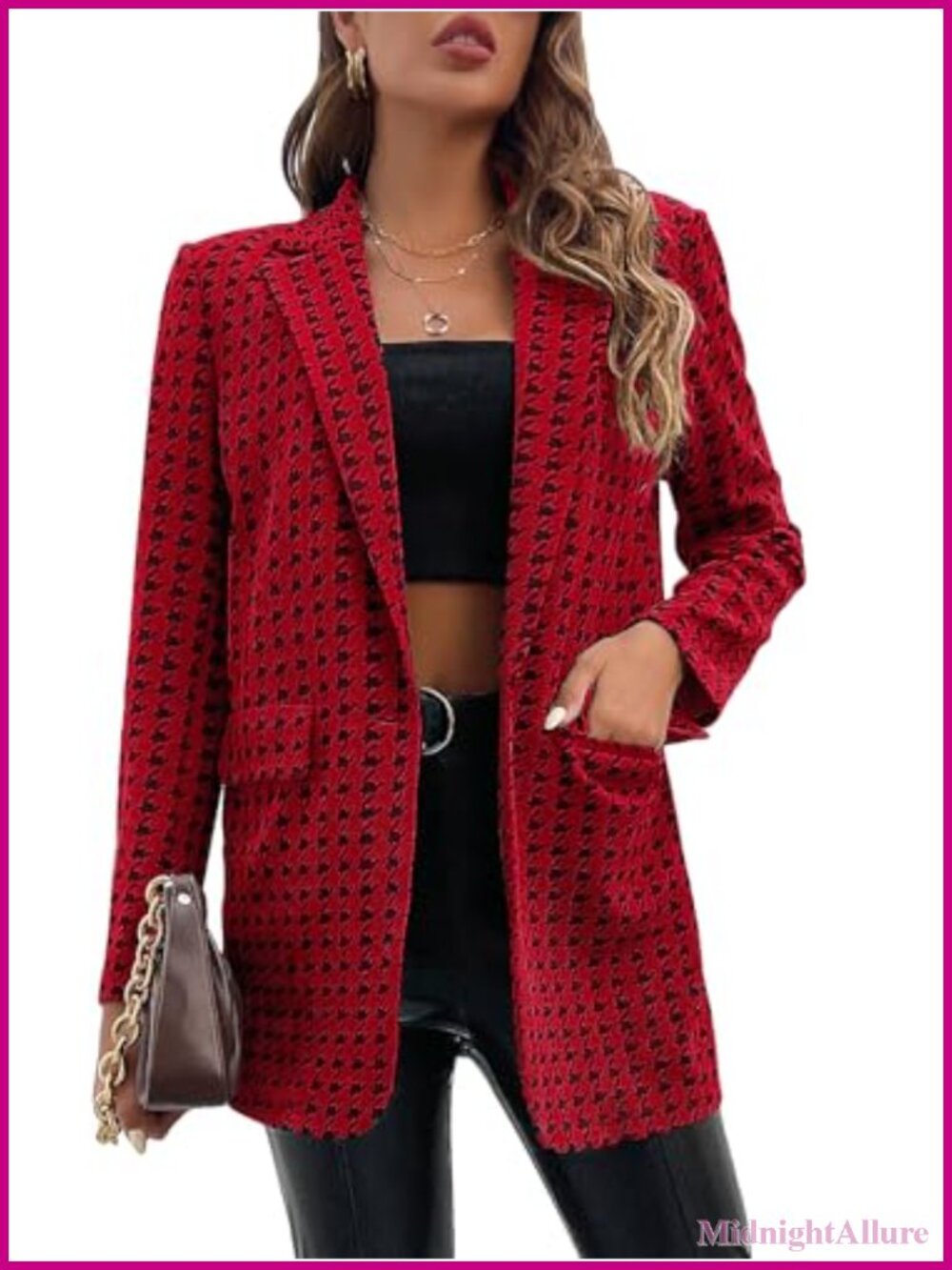 Women's Houndstooth Print Blazer Single Button Office Work Jacket
